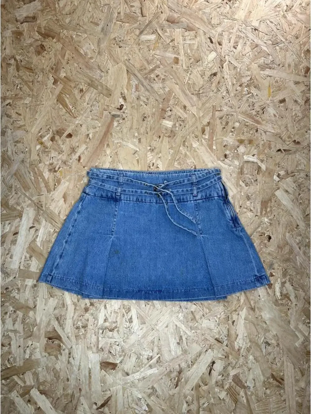 Zara Denim Pleated Mini Skirt Womens Size Small Blue Jean Belted Side Zip